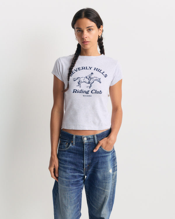 Polly BH Riding Club Essential Tee in heather gray, a slim fit short-sleeve shirt with a navy horseback riding graphic.