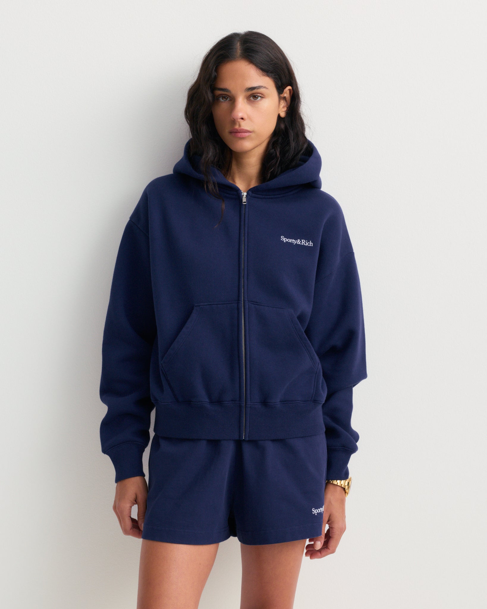 Eliana Serif Logo Embroidered Zip Hoodie - Dark Navy – Sporty & Rich
