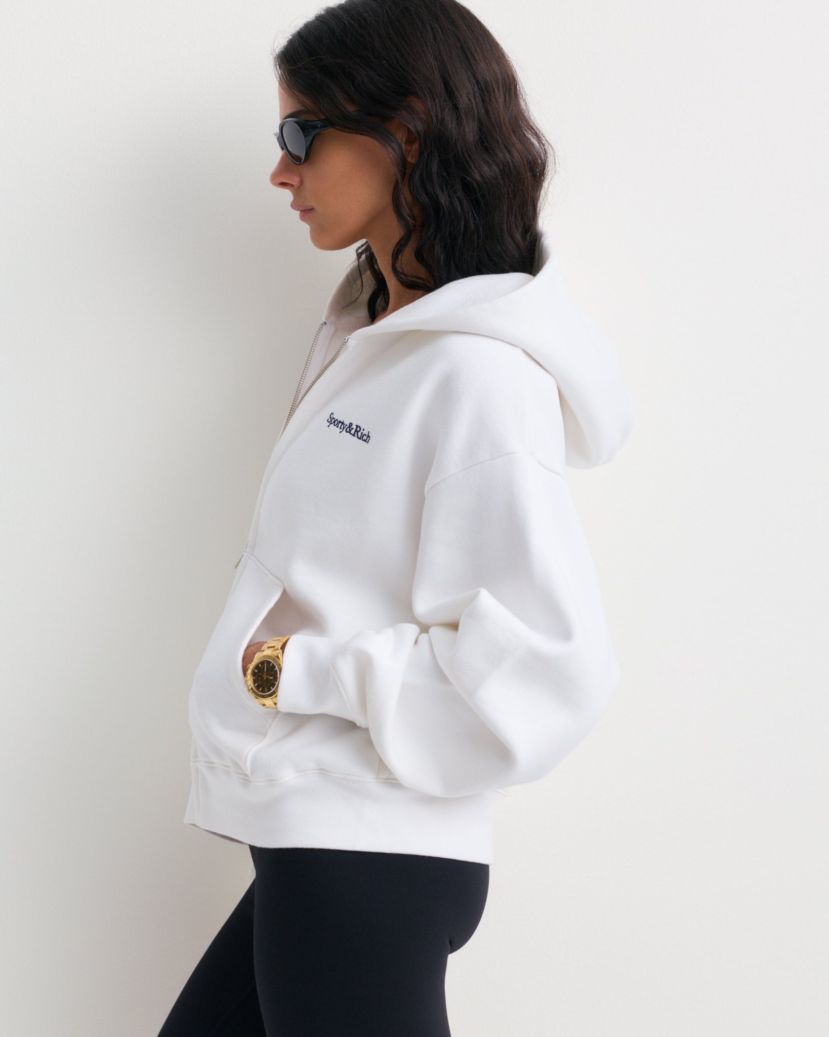 Eliana Serif Logo Zip Hoodie - White – Sporty & Rich