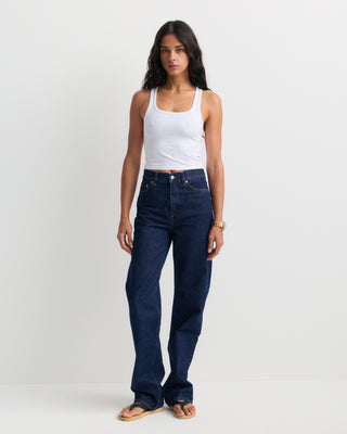 Loose Jean - One Wash, featuring a dark blue wash, high-rise fit, straight-leg silhouette, front pockets, belt loops, and a button closure, shown laid flat on a white background.