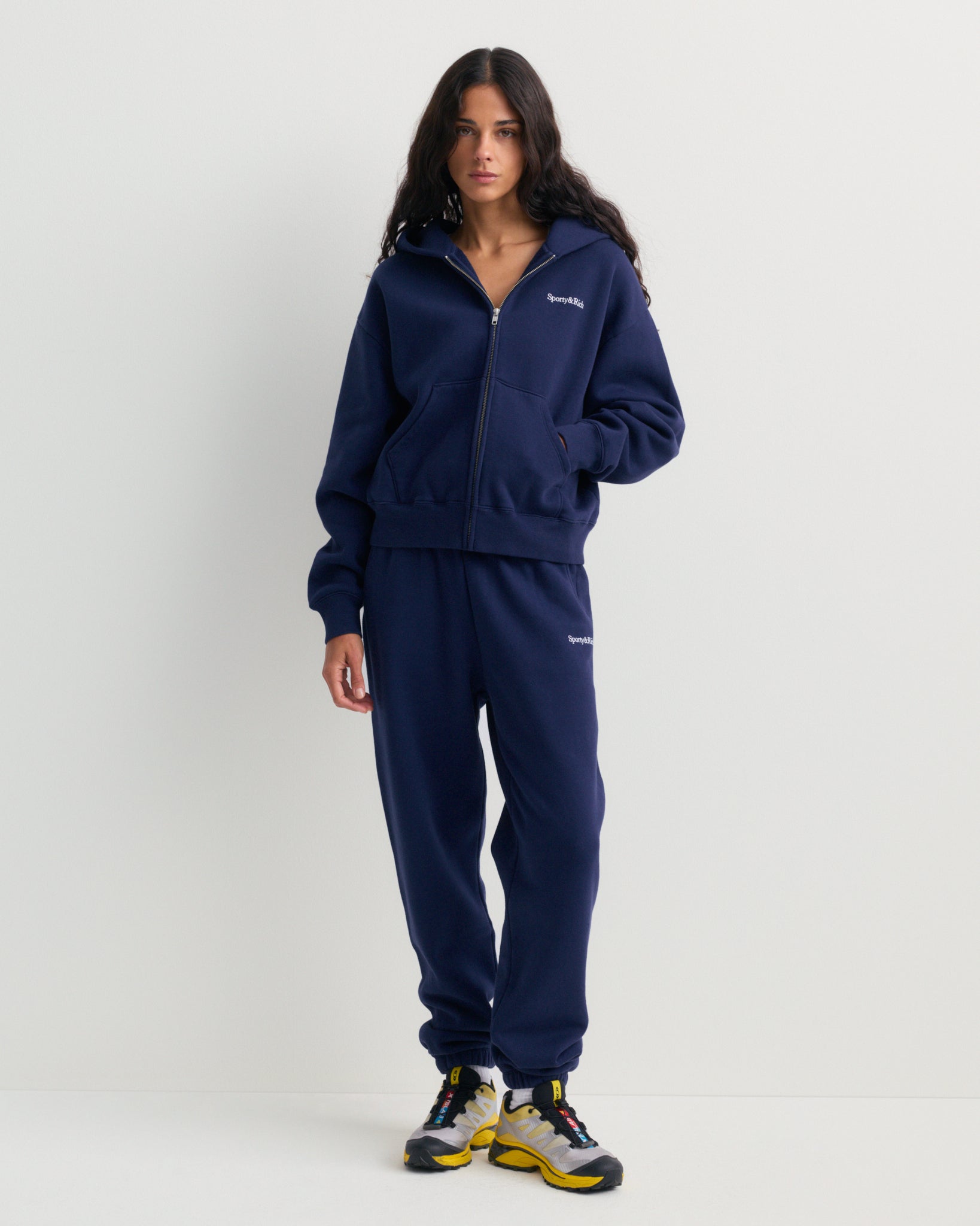 Eliana Serif Logo Embroidered Zip Hoodie - Dark Navy – Sporty & Rich
