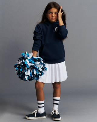 Dark navy Katie NY Crest Kids Hoodie in soft cotton polyester fleece with a white crest logo on the chest.