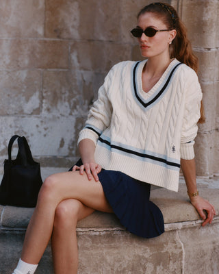 SRC Cableknit V - Neck Sweater - Ecru/Navy/Ciel