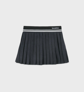 Certainly! Here’s a rewrite using the given product data: The Abigail Wool Pleated Skirt in gray/white features a dark grey pleated design with a black waistband, double white stripe detailing, and an embroidered Sporty & Rich logo on the top right.