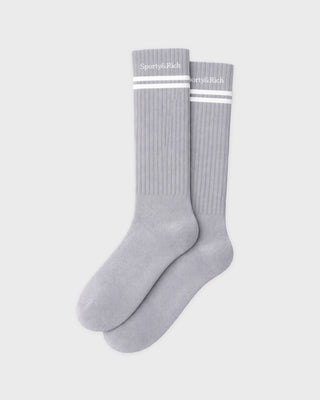 Smooky Serif Logo Ski Socks in heather gray with two white stripes and white logo text at the cuff.