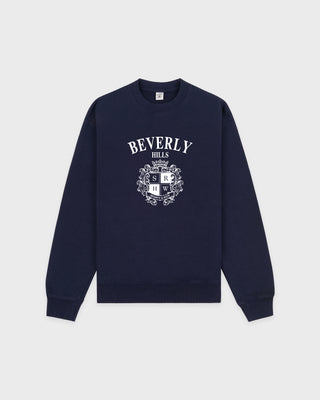 Navy blue sweatshirt with 'Beverly Hills' text and crest design on a light gray background