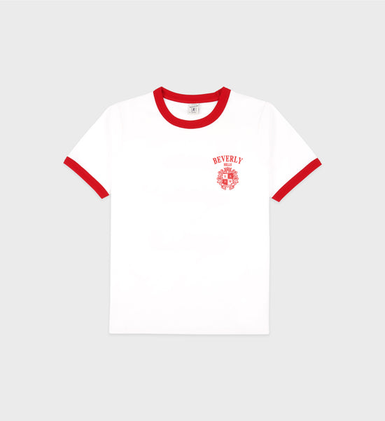 Beverly Hills Crest Soft Ringer Tee - White/Ruby