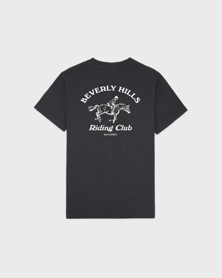 Black t-shirt with 'Beverly Hills Riding Club' text and graphic on a white background