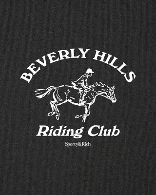 Black t-shirt with white 'Beverly Hills Riding Club' graphic and 'Sporty&Rich' branding.