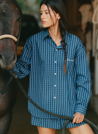 Coco Signature Logo Oversized Shirt in a relaxed-fit, long-sleeved blue checkered button-down style with a pocket.