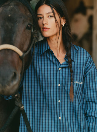 Aya Signature Logo Poplin Skirt - Blue Check: a boxy mini skirt in cotton poplin with an elastic waistband.