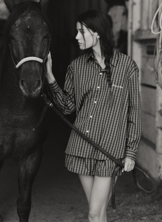 Aya Signature Logo Poplin Skirt - Blue Check: a boxy mini skirt in cotton poplin with an elastic waistband.
