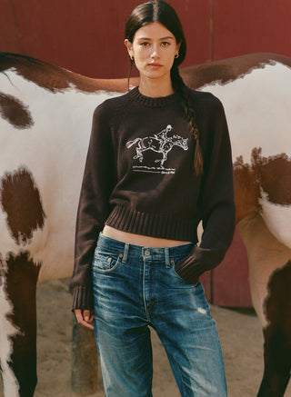 Jadene Horse Knitted Boxy Sweater in chocolate, featuring a white embroidered graphic of a person riding a horse.