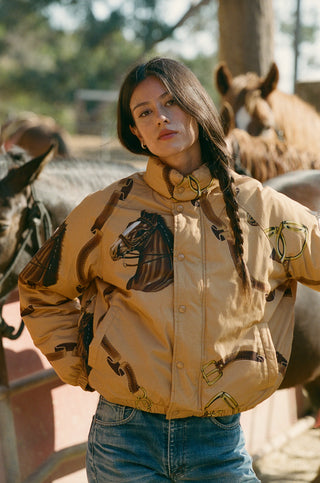 Dustin Vendome Snow Puffer - Camel: tan puffer jacket with a brown horse head and bridle print.