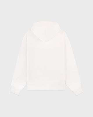 Ecru white Cadillac x Sporty & Rich Tamia Hoodie with a front pocket and a small blue circular logo on the upper left chest, laid flat on a white background. Crafted from premium USA-grown cotton for exceptional comfort and style.