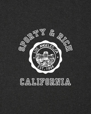 Black t-shirt with 'Sporty & Rich' logo and text on a black background