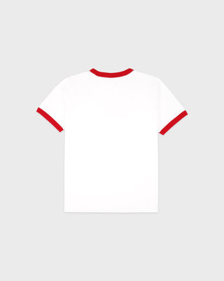 White t-shirt with red trim on a light gray background