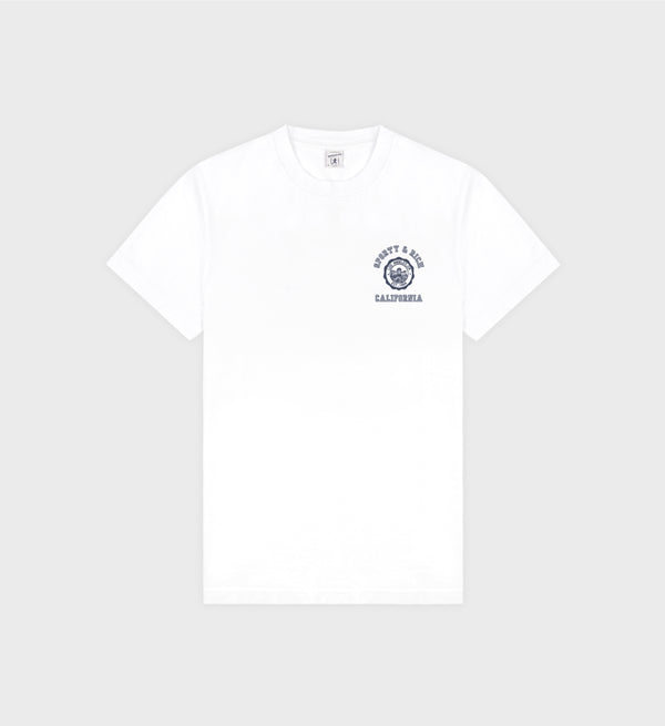 The California Emblem Soft T-Shirt - White features a small navy logo and “SUNNY & SONS CALIFORNIA” text on the left chest. Made in Portugal from soft tees material.