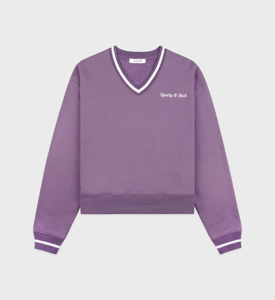 Classic Logo Embroidered V-Neck Sweater - Eggplant/White – Sporty