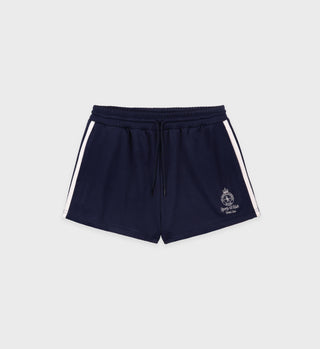 Navy shorts with white stripes on a light gray background