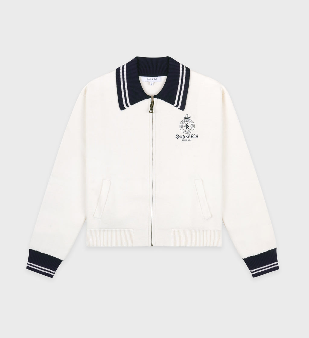 Crown Tennis Zipped Cardigan - Off White/Navy
