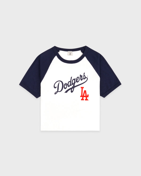 Dodgers Serif Baby Baseball Tee - White/Dark Navy/Dark Navy/Fire Red