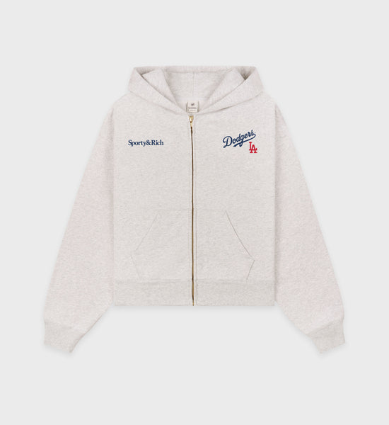 Dodgers Serif Cropped Zip Hoodie - Heather Gray/Navy