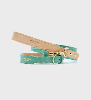 The Leather Dog Leash - Green/Gold, crafted from tan and green calf leather with gold hardware and made in France, is coiled on a white background.