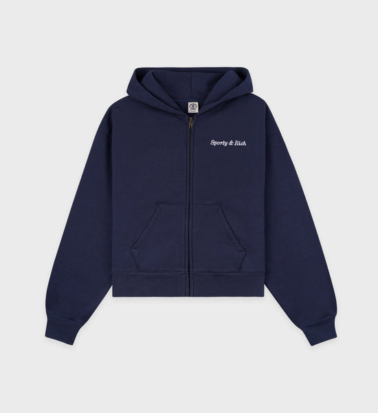 【h】SPORTY & RICH フーディー Eden Crest Cropped Zip Hoodie - Navy/White – Sporty & Rich