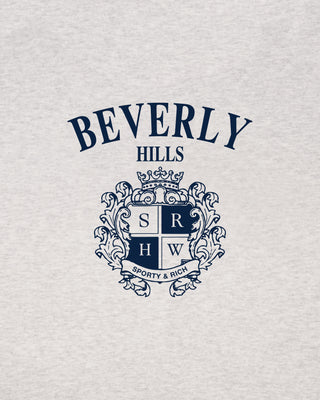 Navy 'Beverly Hills Sporty & Rich' logo on a light gray background