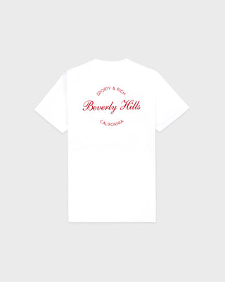 White t-shirt with red text on a white background