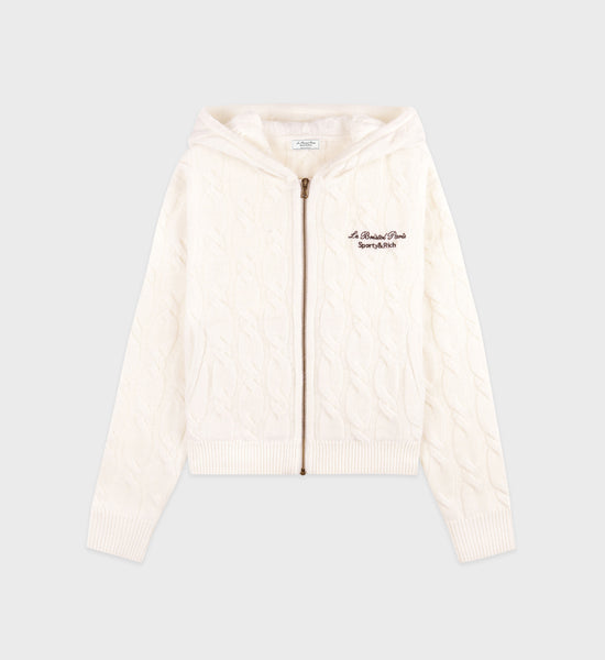 Faubourg Cableknit Wool Cashmere Zip Hoodie - Cream/Chocolate