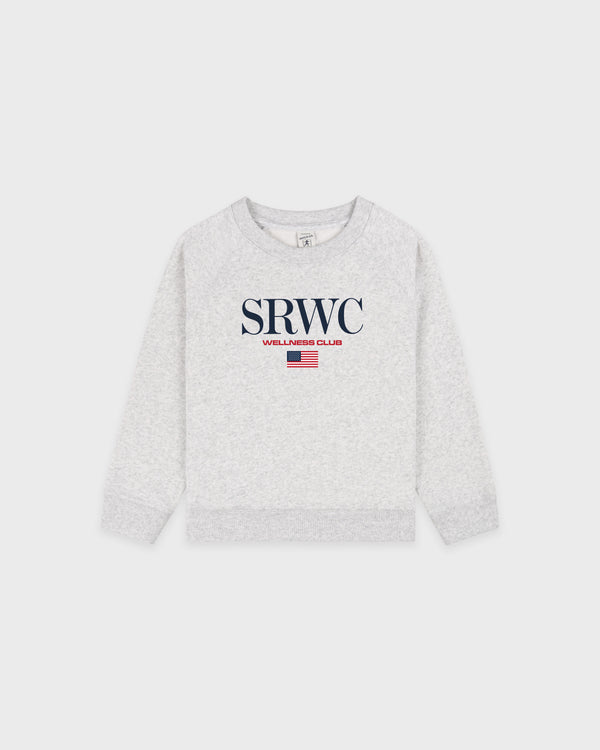Nautical Kids Crewneck - Heather Gray, a light grey cotton-polyester sweatshirt for kids featuring "SRWC WELLNESS CLUB" text and a small red-striped graphic on the front.