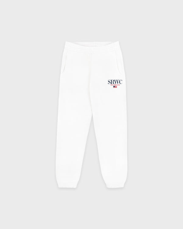Nautical Kids Sweatpant - White, featuring SRWC and a small flag logo on the left hip, with an elastic waistband for comfort, displayed on a light gray background.