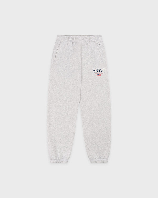 Nautical Kids Sweatpant - Heather Gray feature an elastic waistband and cuffs, with "SRWC" text on the left thigh. Designed for a slightly oversized fit, these light gray sweatpants are available in kids sizes.