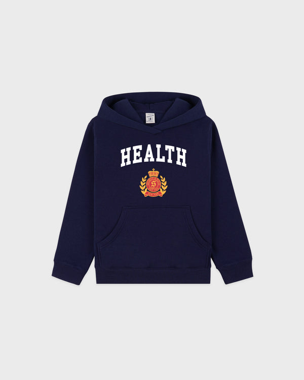 Introducing the NY Health Crest Kids Hoodie - Navy, featuring "HEALTH" and a red crest graphic with laurel and crown on the front. Crafted from premium cotton-polyester for comfort and durability, this kids hoodie offers an oversized fit, ideal for a relaxed style.