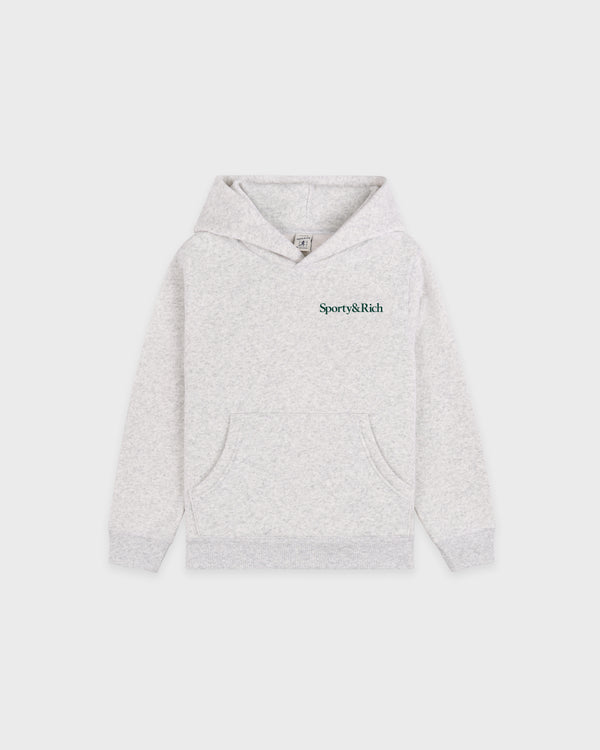 Introducing the Play Tennis Kids Hoodie in Heather Gray/Forest: a light gray hooded sweatshirt featuring the Sporty & Rich logo on the left chest and a front pocket. Crafted from a soft cotton-polyester blend for comfort, this hoodie boasts an oversized fit—making it a stylish essential for any kids clothing collection. Shown here on a white background.