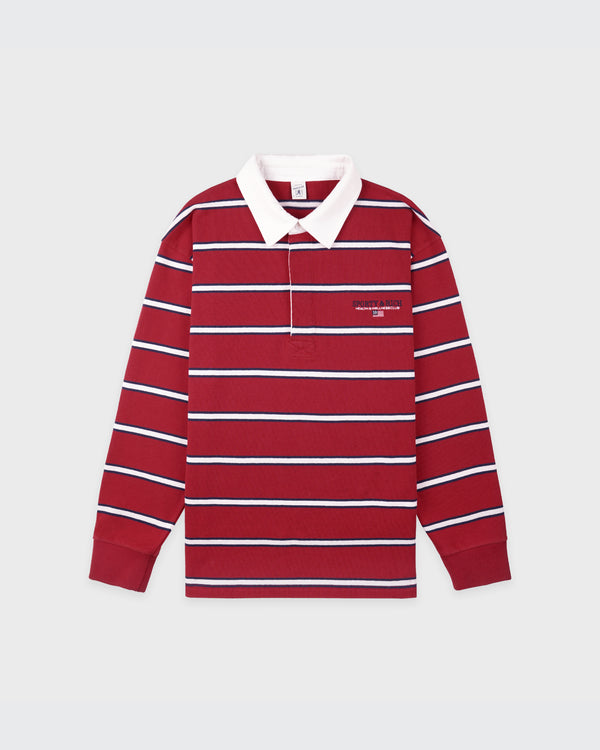 S&R Nautical Rugby Polo Men in Ruby, Navy, and White features bold stripes and a crisp white cotton collar. Crafted from pre-shrunk cotton for lasting comfort, this long-sleeve rugby shirt is shown on a plain background.