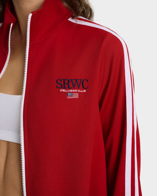 Red tracksuit jacket with 'SRWC Wellness Club' logo on a white background