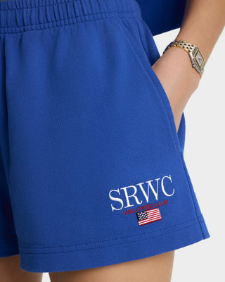 Blue shorts with SRWC logo and American flag on a white background