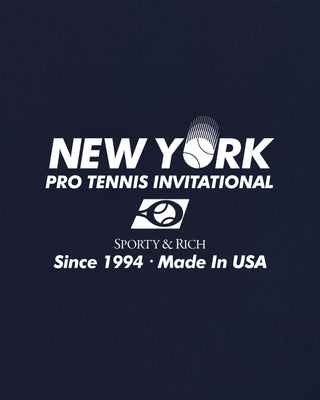 New York Pro Tennis Invitational logo with Sporty & Rich branding on a dark blue background