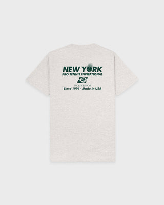 White t-shirt with text and logo on a white background