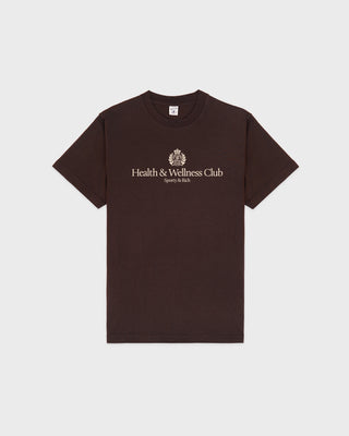 Brown t-shirt with 'Health & Wellness Club' text and logo on a white background