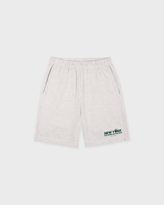 Beige shorts with 'New York' text on a white background