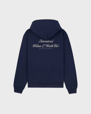 Navy blue hoodie with text on the back against a light gray background
