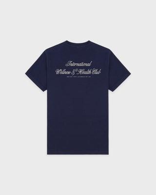 Navy blue t-shirt with text on the back against a white background