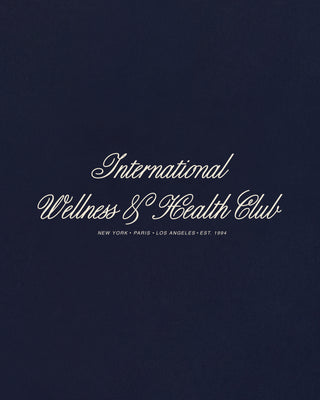 Text 'International Wellness & Health Club' on a dark blue background