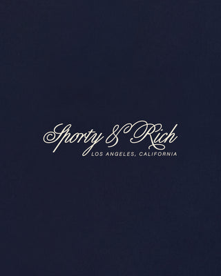 White 'Sporty & Rich' logo on a dark blue background