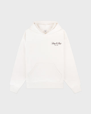 White hoodie with a brand logo on a light gray background