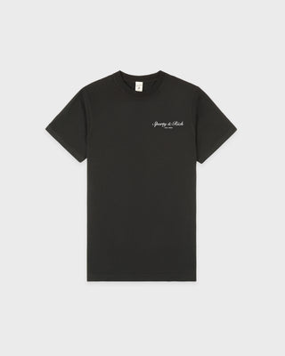 Black t-shirt with white text on a light gray background